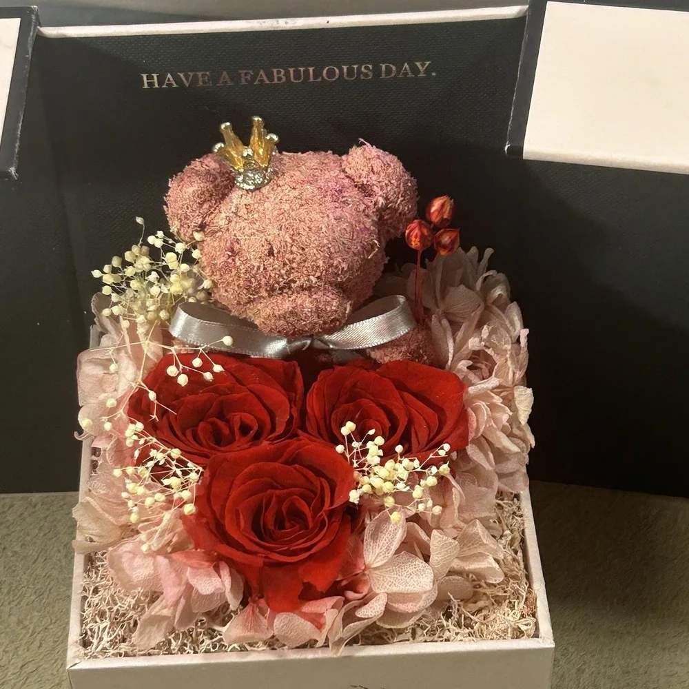 Rose Teddy Bear Jewelry Gift Box Drawer Red Roses Pink Bear Crown Decor
